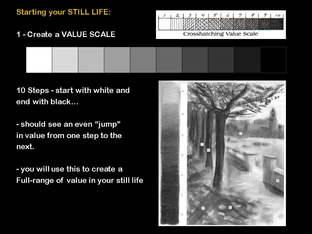 Starting your STILL LIFE: 1 - Create a VALUE SCALE 10 Steps - start
